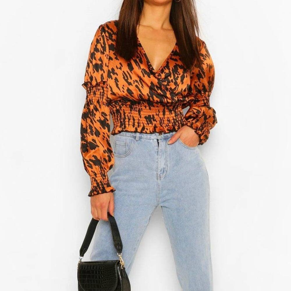 Boohoo Blouse Women's Size 6 Orange Black Woven Animal Print Wrap Crop Top